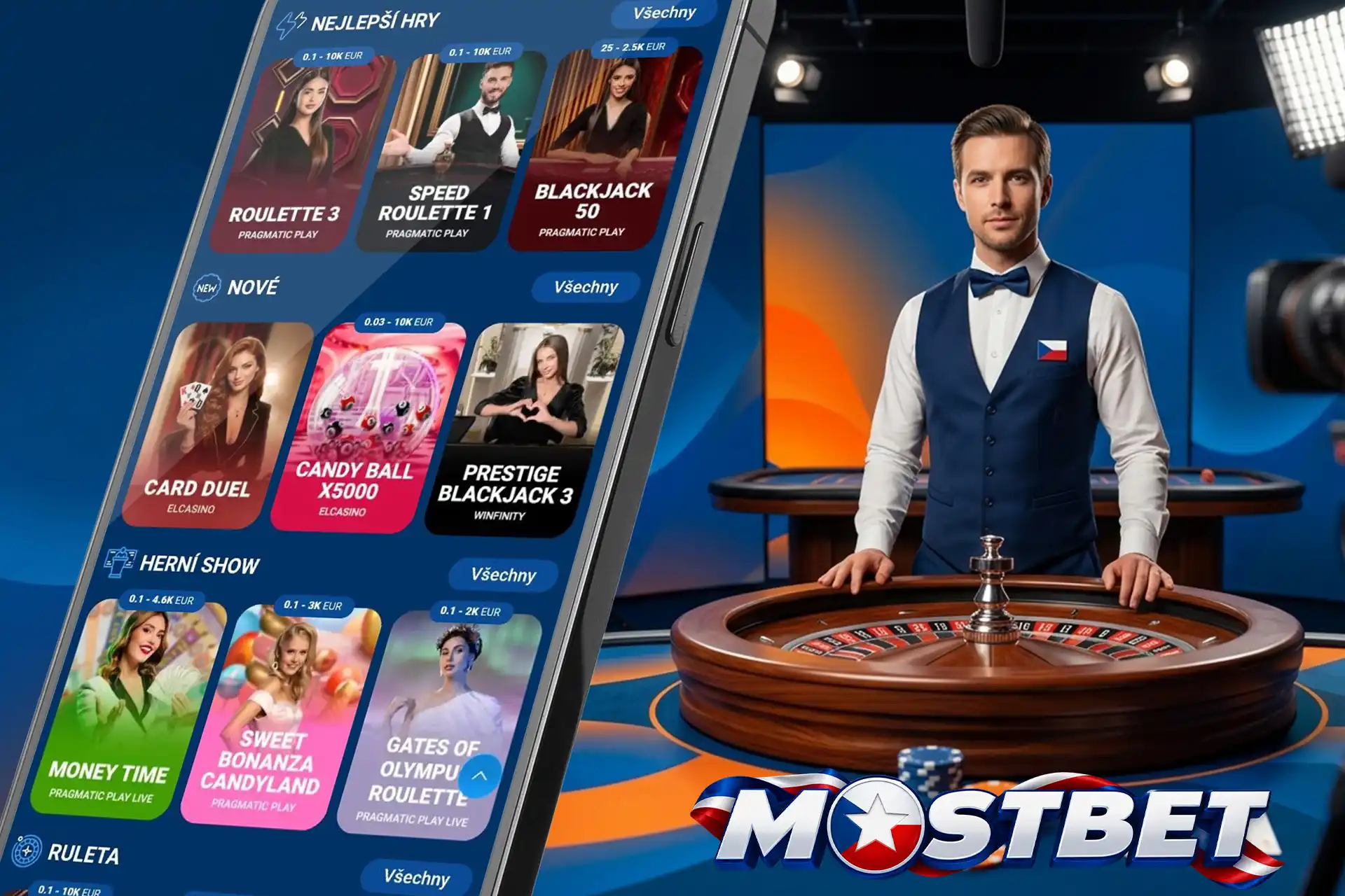 Zážitek ze hry s živými krupiéry na Mostbet, ukazující elegantního dealera u ruletového stolu a nabídku live her na mobilu