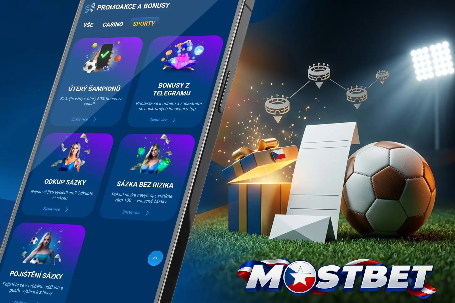 Speciální bonusy a promo akce pro sportovní sázkaře na Mostbet, ilustrováno fotbalovým míčem, tiketovým lístkem a dárkem na trávníku